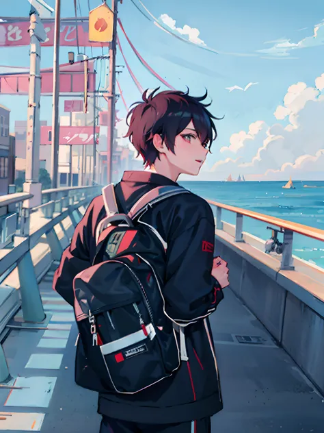 anime boy with backpack looking out over the water, with a backpack, anime artstyle, anime boy, high quality anime artstyle, anime style 4 k, young anime man, anime style. 8k, anime wallaper, male anime style, style anime, in an anime style, anime asthetic...