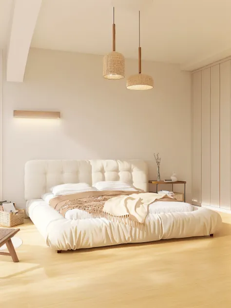 There was a bed with a white quilt and a wooden table, cream - colored room, White bed, cream and white color scheme, Bed room, clean and pristine design, serene and peaceful style, natural light in room, clean minimalist design, gentle ambient lighting, W...