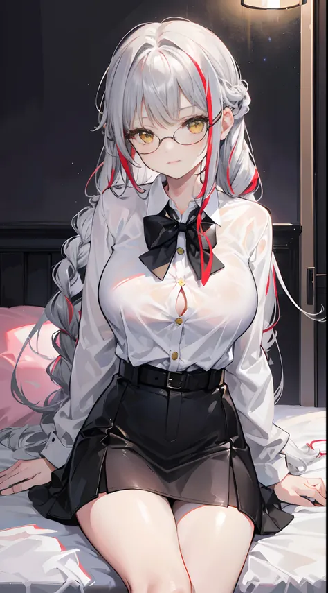 18-year-old girl with silver hair with red highlights., yellow eyes, Big breasts. long-haired,Braid left and right, Wear glasses, Wear a white long-sleeved shirt.....button up.  Black miniskirt, sitting on the bed,....With a slightly smiling face.....