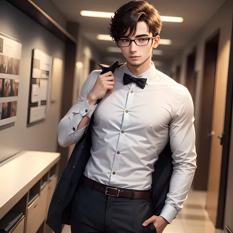 A well-dressed young man with glasses talking