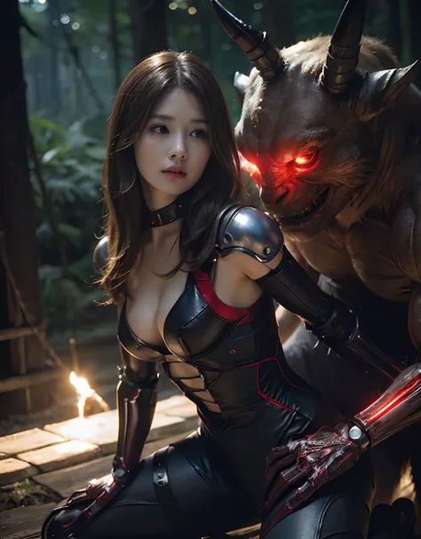 (Wearing a Devils Bodysuit)、top-quality、​masterpiece、超A high resolution、(Photorealsitic:1.4)、Raw photo、女の子1人、Fight mutants、glowy skin、(((1 Mechanical Girl)))、With a beautiful knife、（Green Metal Bodysuit）、（Fight fiercely against aliens）、Fight fiercely、(beau...