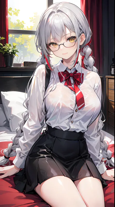 18-year-old girl with silver hair with red highlights., yellow eyes, Big breasts. long-haired,Braid left and right, Wear glasses, Wear a white long-sleeved shirt.....button up.  Black miniskirt, sitting on the bed,....With a slightly smiling face.....