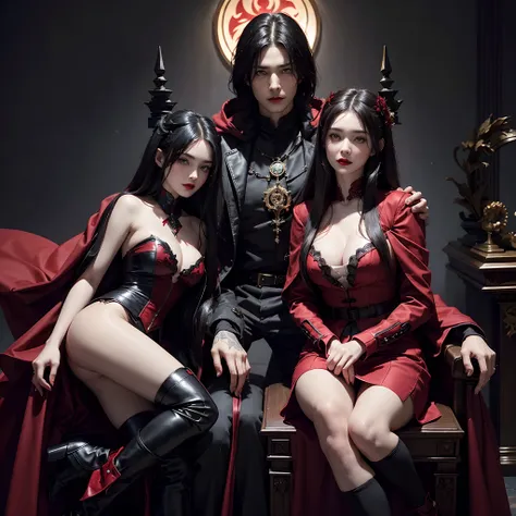 concept art of grimm fairy tales, young attractive girl wearing a red overcoat with red hood, black hair, scarlet eyes, red lipstick, sitting on a black victorian age throne adorned in gold, accompanied by two black wolves, one on his left and one on his r...