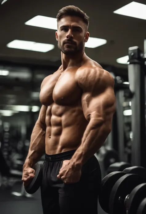 A strong macho and handsome man in the gym