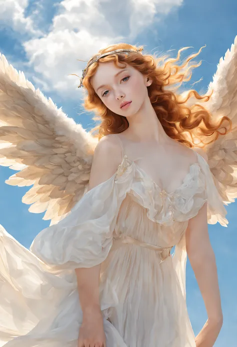 Beautiful angel with two wings flying in the sky,Beautiful girl at 16 years old, Rossetti-like style,Best Quality, masutepiece,Realistic, Photorealsitic