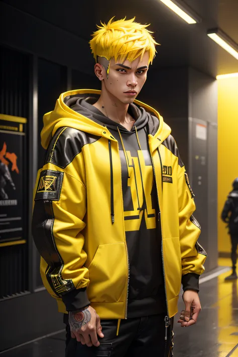 There is a man wearing a yellow hoodie，With a knife in his hand, Hyper-realistic cyberpunk style，Digital cyberpunk anime style, yellow color, yellow hair