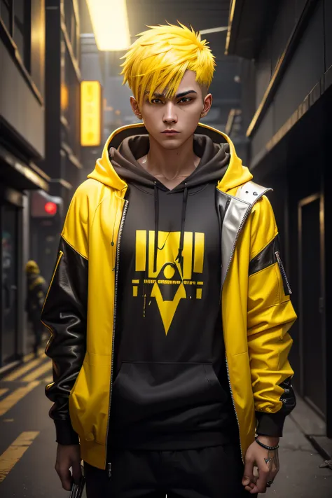 There is a man wearing a yellow hoodie，With a knife in his hand, Hyper-realistic cyberpunk style，Digital cyberpunk anime style, yellow color, yellow hair