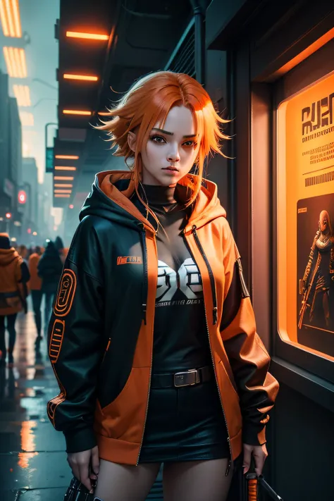 There is a woman wearing a orange hoodie，With a staff in her hand, Hyper-realistic cyberpunk style，Digital cyberpunk anime style, orange color, orange hair