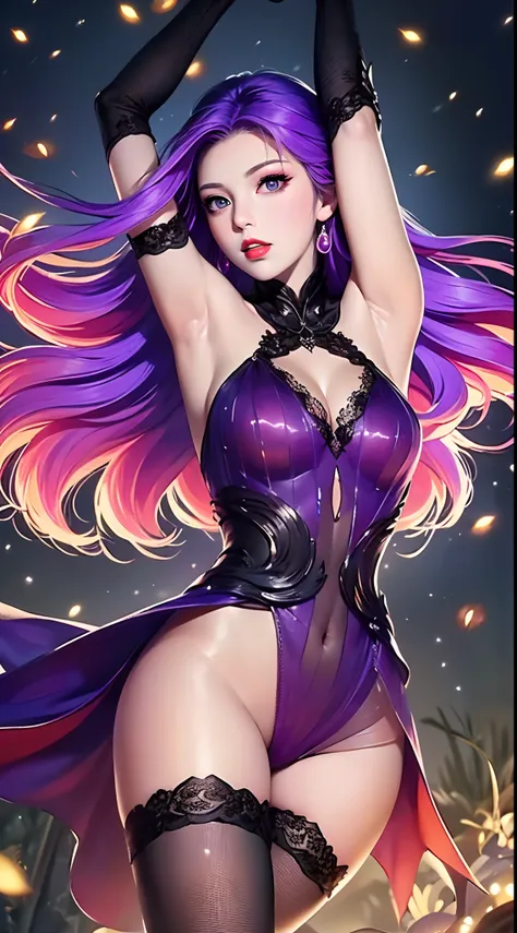 1 beautiful and sexy 20 year old girl, ((Wearing a super invisible red nightgown looks extremely sexy:2)), ((Ultra thin transparent nightgown:2)), ((long purple hair:1.6)), jewelry elaborately made from precious stones and beautiful hair, ((A thin red silk...