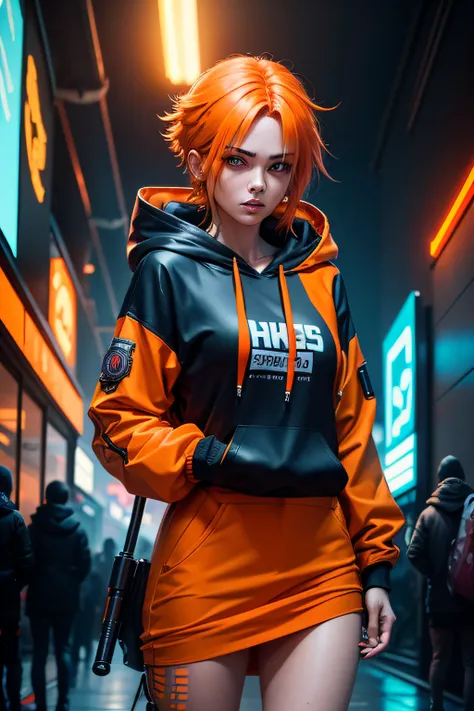 There is a woman wearing a orange hoodie，With a staff in her hand, Hyper-realistic cyberpunk style，Digital cyberpunk anime style, orange color, orange hair