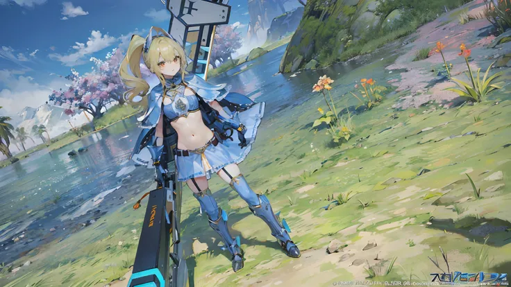 a blond　Orange eyes　Clearly depicts the navel　Armor on the legs