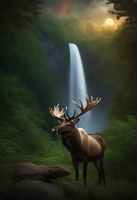 Masterpiece, Best quality, High quality, CG, 8K, scenery, Night, sky, Clouds, No Man ,Lush forest, beautiful waterfall, Rainbow, Fantasy image, Firefly, Moonlight, aurora, tree, Black snake in the tree, Apple herd, moose, Albino deer, White rabbit,