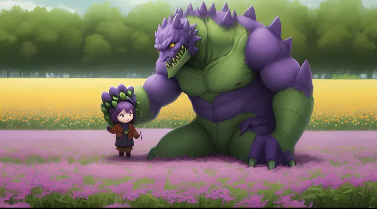 A purple-colored monster picks flowers in a field