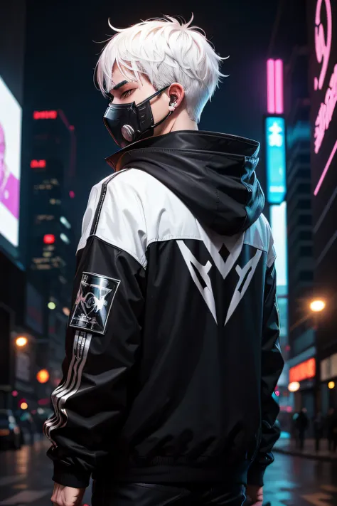 There is a man wearing a ghost mask and a black hoodie，With a starwhat in his back, Hyper-realistic cyberpunk style，Digital cyberpunk anime style, white color, white hair