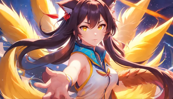 NSFW, Ahri from League of Legends, foxgirl, long dark hair, yellow eyes, fox ears, miko clothes, 9 tails, masterpiece, extremely detailed, original, high contrast, amazing, high quality, pointy detailed nails