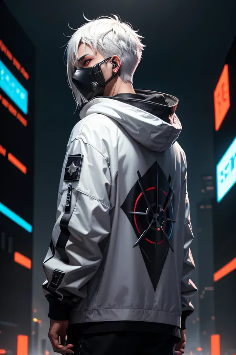 There is a man wearing a ghost mask and a black hoodie，With a starwhat in his back, Hyper-realistic cyberpunk style，Digital cyberpunk anime style, white color, white hair