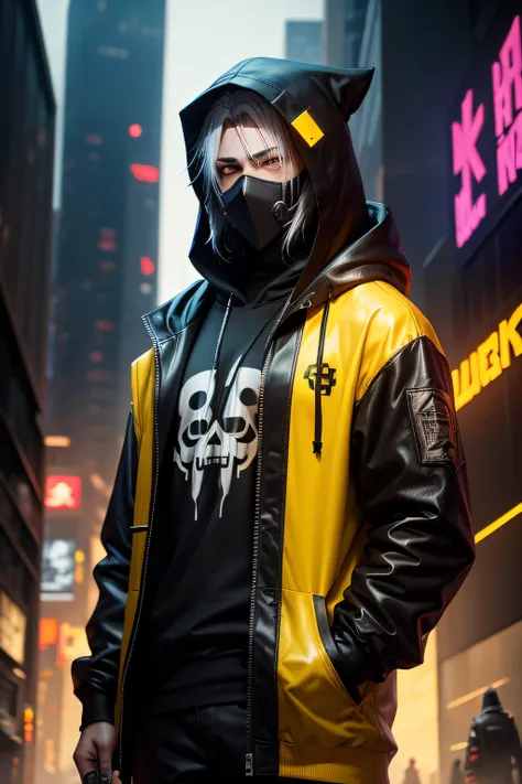 There is a man wearing a ghost mask and a black hoodie，With a knife in his hand, Hyper-realistic cyberpunk style，Digital cyberpunk anime style, yellow color