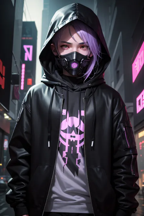 There is a boy wearing a ghost mask and a black hoodie，With a knife in his hand, Hyper-realistic cyberpunk style，Digital cyberpunk anime style，lavender colors