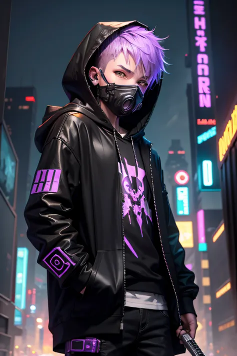 There is a boy wearing a ghost mask and a black hoodie，With a knife in his hand, Hyper-realistic cyberpunk style，Digital cyberpunk anime style，lavender colors