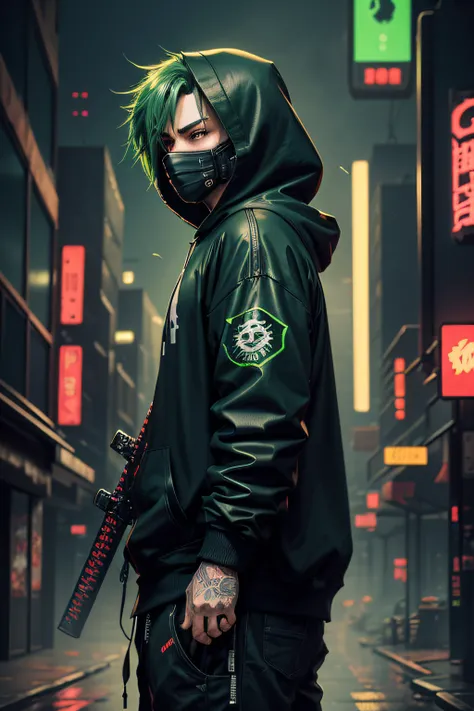 There is a man wearing a ghost mask and a black hoodie，With a 3 katana back and his hand, Hyper-realistic cyberpunk style，Digital cyberpunk anime style, green color, green hair