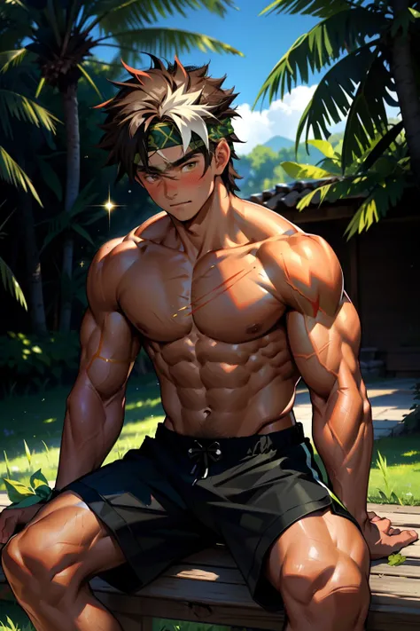 (Masterpiece, Best quality 12 year old boy，Shota), 1boys, Young,Muscular, Short hair, with brown eye, Intricate, Grass, full bodyesbian, Shirtless, Muscles sparkle in the sun,Black shorts,  green headband, Vivid colors,(Depth of field:1.2),(Abs),Blush, vie...