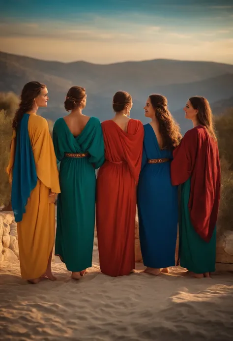 6 girls looking toward us. In Greek robes. 3D high quality