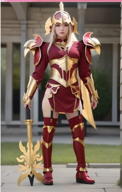 Young woman in fantasy costume、、large full breasts、beautiful foot、a blond、、Good Style、、a miniskirt、Shiny Crimson Armor、Gold Mace、Leg armor