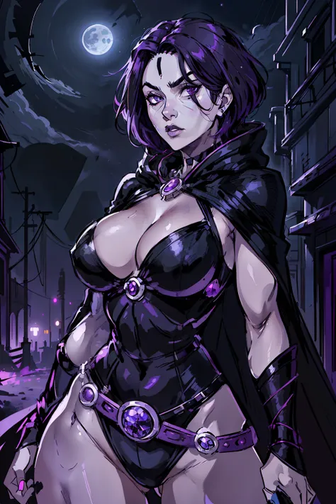 1girl, raven, black leotard, black cape, hood, purple hair, forehead jewel, purple eyes, short hair, belt, skin tight, standing,...