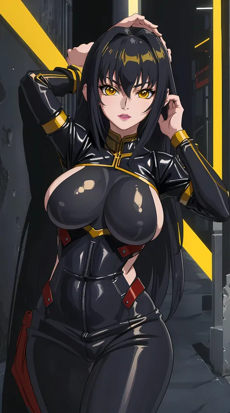 (masterpiece:1.4),(best quality:1.4, highres), beautiful face, beautiful eyes, 1girl, solo, female mature, black hair, long hair, (yellow eyes:1.4), large breasts, black latex suit, ((night vibe background)), hair intakes, exquisite eyes detail, exquisite ...