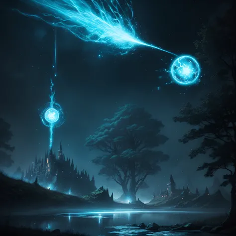 illustration, fantasy art, horror, landscape photo, masterpiece, award winning, high quality, super detail, pale blue fireballs floating through the air, lakeside, at night