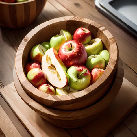 there are apples in a wooden bowl, viewing at a 120 defree angle, wooden bowl, apples, bowl of apple, with apple, outstanding detail, (a bowl of fruit)!!!!!!!!!, colourful apples, red apples, , bowl, crisp details, great quality, semi - realistic render