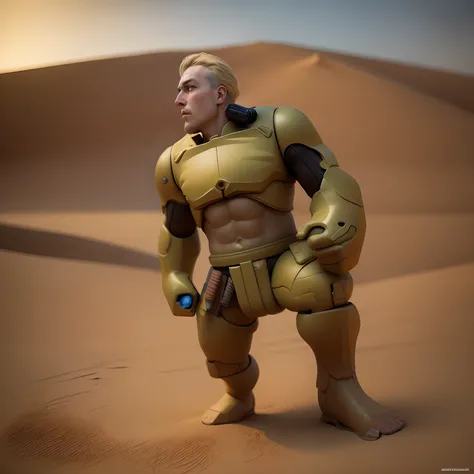 Change this toy background to a dune, war,professional photographer