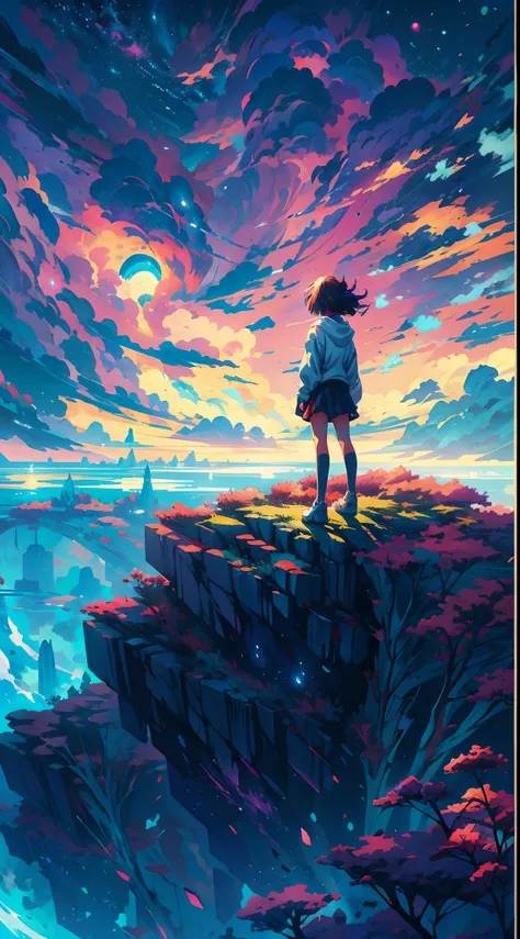 anime girl standing on a rock looking at a star filled sky, makoto shinkai cyril rolando, anime art wallpaper 4k, anime art wallpaper 4 k, anime art wallpaper 8 k, cosmic skies. by makoto shinkai, inspired by Cyril Rolando, in the style dan mumford artwork...