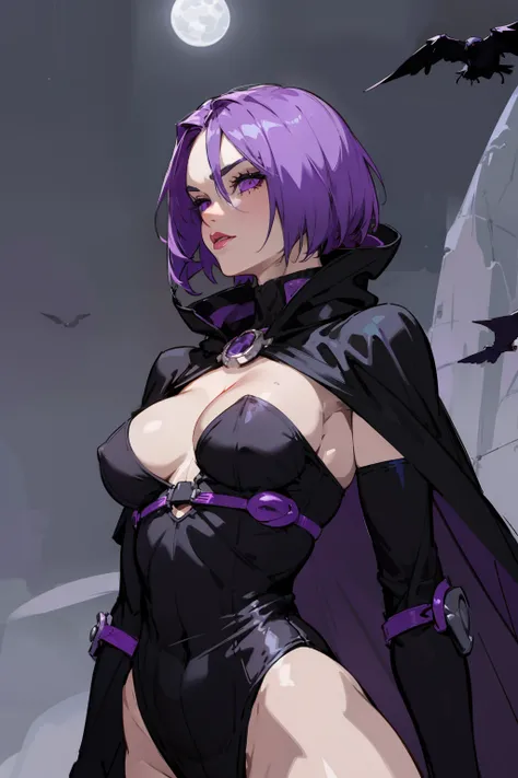 1girl, raven, black leotard, black cape, hood, purple hair, forehead jewel, purple eyes, short hair, belt, skin tight, standing, cleavage, toned, breasts, pose, night, moonlight, ((posing)), motion lines, torso, upper body, portrait, b&w. outline, in Dmitr...