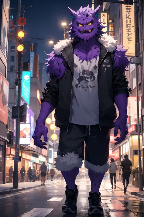 a purple-colored monster in shorts walking through the city at night.