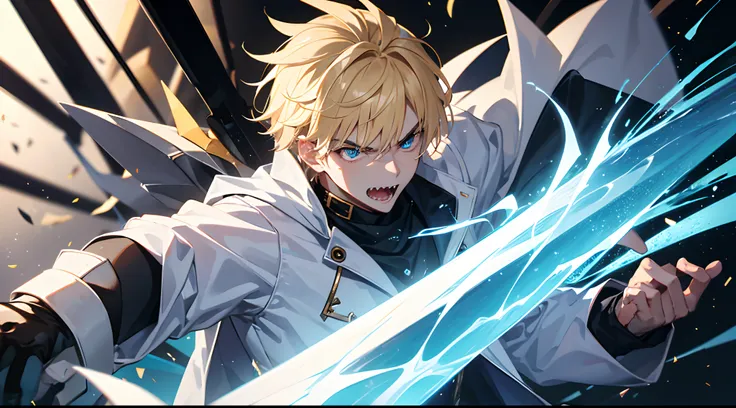 a young teen guy, sharp teeth angry face, blond hairs, wearing white bandit clothes, blue eyes