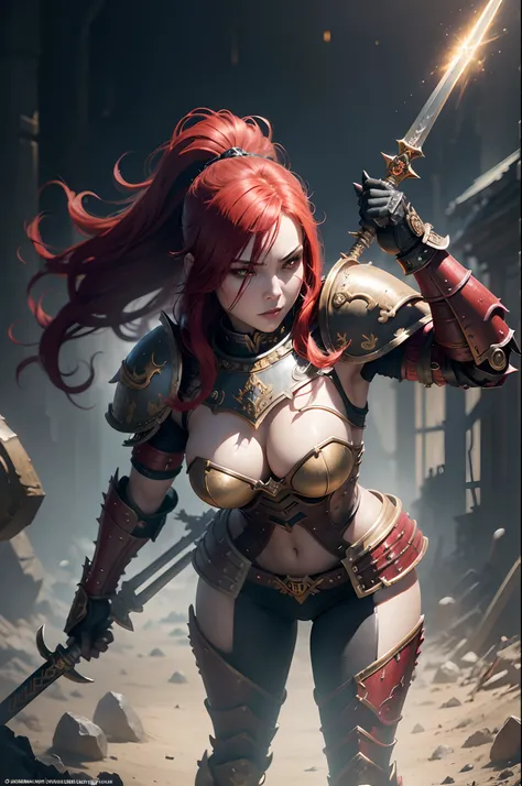 8K分辨率(full body Esbian:1.3)shots、splashart、Fantastic cartoon style、Photorealistic sexy red hair red armor、Anatomical Photorealistic Digital Painting(adult  woman:1.3)Human portrait(AS-Adult:1.3)Red and gold complex(heavily armored:1.3)with  the(Dark and mo...