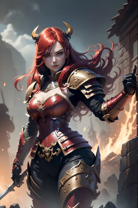 8K分辨率(full body Esbian:1.3)shots、splashart、Fantastic cartoon style、Photorealistic sexy red hair red armor、Anatomical Photorealistic Digital Painting(adult  woman:1.3)Human portrait(AS-Adult:1.3)Red and gold complex(heavily armored:1.3)with  the(Dark and mo...