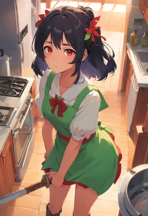 1girl in,Solo,Goblin Girl,Black hair, shorth hair,Red Eye,Colored skin,green skin,Huge breasts,smug,maid,Ring earrings,shock,Indoor,Cowboy Shot,Mop in hand