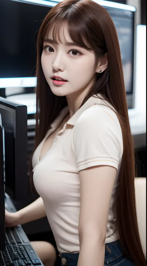 realistic photos of 1 cute Korean star, straight hair, white skin, thin makeup, 32 inch breasts size, wearing polo shirt, pants, in internet cafe, close-up portrait, UHD