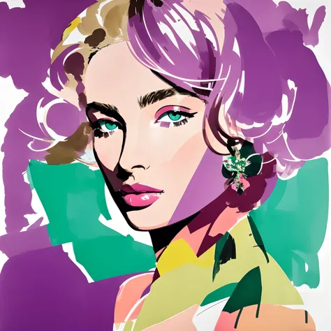 David downton fashion illustration, drawing, blonde bob thin hair 1woman, andreea diaconu, blue eyes, pink lipstick, lilac dress and jacket, slim figure, tuscany green, italy, grape closeup, sunlight, peach color, light colors