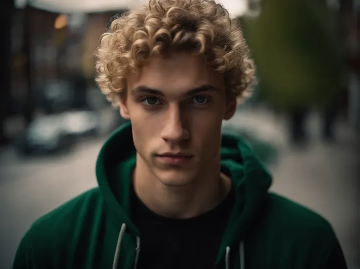 close up selfie, young man, blonde curly hair, green eyes, clean shaved, cute, beautiful, skinny, black hoodie, jeans