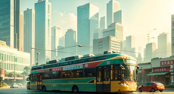 In the daytime，sunraise，clear skies，baiyun，城市，Buildings，lamplight，bustling，Cyber City，neonlight，modern day，big city，streetcar