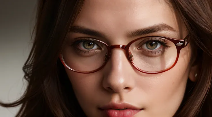 a closeup of a, Super model in her 20s with full eyes with long dark red detailed hair with a detailed face and a detailed body in a red jacket, with glasses on, close up portrait shot, nice ass, Stunning, realisti, with a fully detailed face, Barclay Shaw...