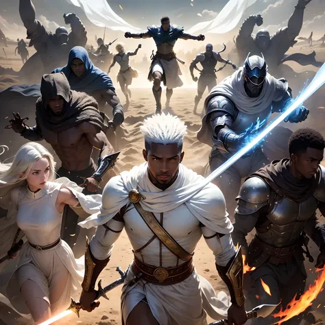 ange, homme, africain, force, puissance, luz, divin, sword, surrounded by valiant warriors, all in White, fighting monsters