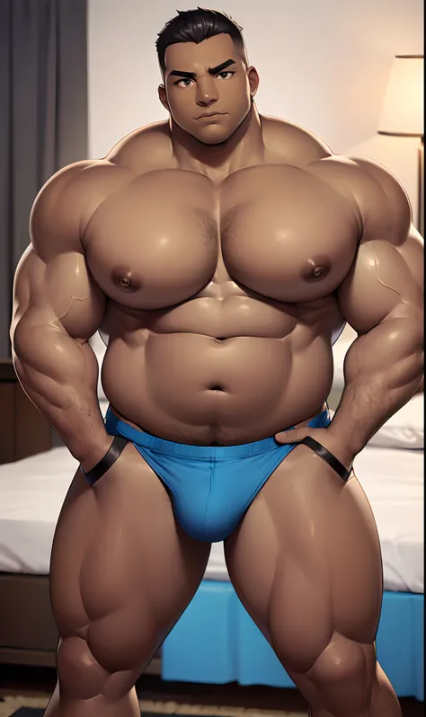 solo,Big muscles,(hyper pecs:2.0),big nipples,Chubby,Belly,(((plump))),bodybuilder,thick arms,large arms,thick tight,                  very thick body,(oiled skin,dark skin,dark-skinned male:1.2),syahnk,buzz cut, muscle posing,in the bedroom,masterpiece,be...