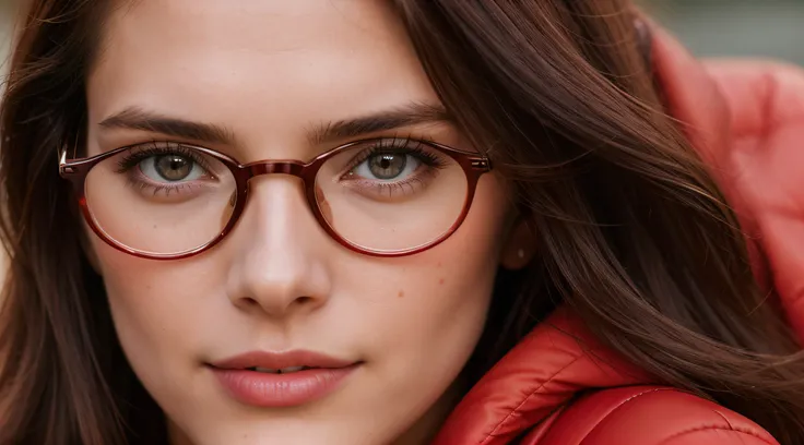 a closeup of a, Supermodel in her 20s with full eyes with long dark red detailed hair with a detailed face and a detailed body wearing a red jacket, with glasses on, close up portrait shot, nice ass, Stunning, realisti, with a fully detailed face, Barclay ...