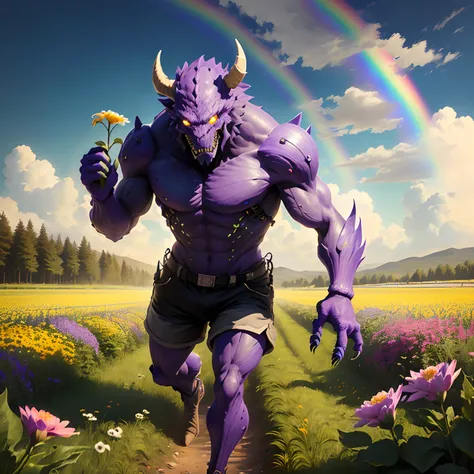 A purple-colored monster in shorts picks flowers in a field with a rainbow