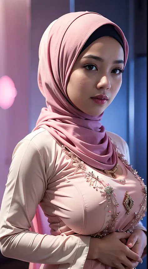 1 malay girl, modern plain hijab, shy, medium portrait, watery eyes, pink glowing particles, wearing pastel pink kebaya, ((big b...