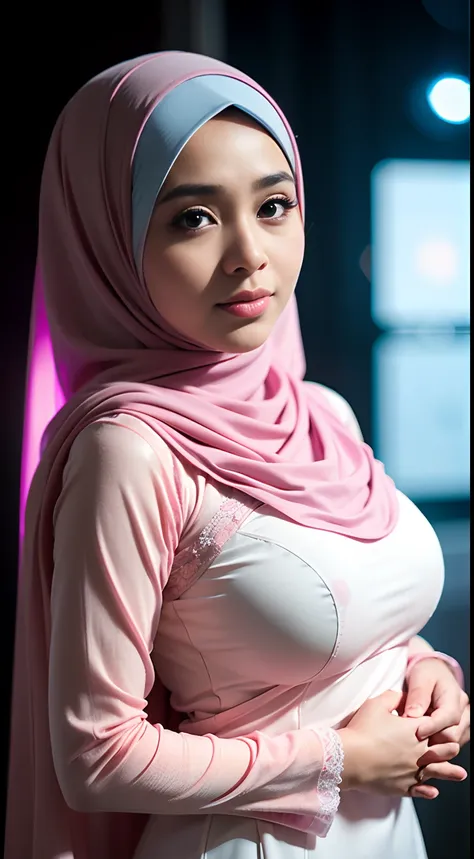 1 malay girl, modern plain hijab, shy, medium portrait, watery eyes, pink glowing particles, wearing pastel pink kebaya, ((big breasts)), pink light bokeh background, well-proportioned body,